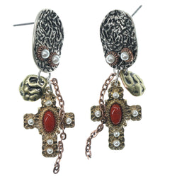 Cross Dangle-Earrings With Bead Accents Silver-Tone & Gold-Tone Colored #1127