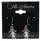 Girl Dangle-Earrings With Crystal Accents Silver-Tone & Pink Colored #1137
