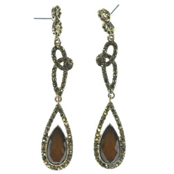 Gold-Tone & Brown Colored Metal Dangle-Earrings With Crystal Accents #1140