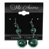Green & Silver-Tone Colored Metal Dangle-Earrings With Bead Accents #1160