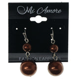 Brown & Silver-Tone Colored Metal Dangle-Earrings With Bead Accents #1162
