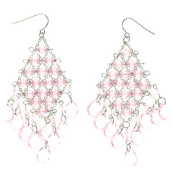 Pink & Silver-Tone Colored Metal Dangle-Earrings With Bead Accents #1165