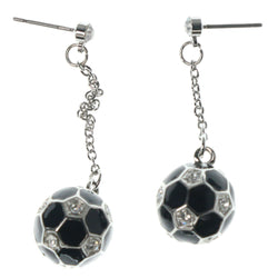 Soccer Drop-Dangle-Earrings With Crystal Accents Black & Silver-Tone Colored #1168