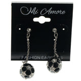 Soccer Drop-Dangle-Earrings With Crystal Accents Black & Silver-Tone Colored #1168