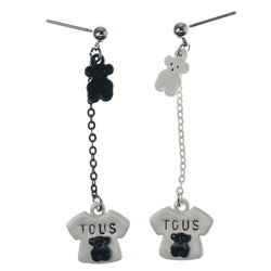 Tshirt Bear Drop-Dangle-Earrings With Bead Accents White & Black Colored #1177