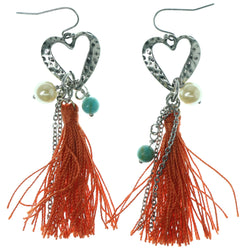 Heart Dangle-Earrings With Tassel Accents Silver-Tone & Orange Colored #1190