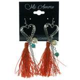 Heart Dangle-Earrings With Tassel Accents Silver-Tone & Orange Colored #1190