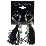 Heart Dangle-Earrings With Tassel Accents Silver-Tone & Black Colored #1191