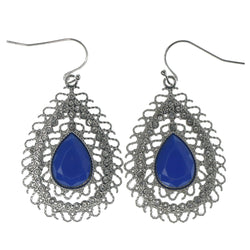 Silver-Tone & Blue Colored Metal Dangle-Earrings With Faceted Accents #1194