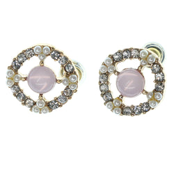 Pink & Silver-Tone Colored Metal Stud-Earrings With Crystal Accents #1197