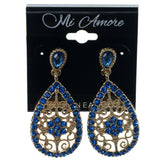 Gold-Tone & Blue Colored Metal Dangle-Earrings With Crystal Accents #1200
