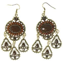 Gold-Tone & Brown Colored Metal Dangle-Earrings With Crystal Accents #1230