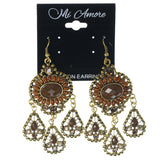 Gold-Tone & Brown Colored Metal Dangle-Earrings With Crystal Accents #1230