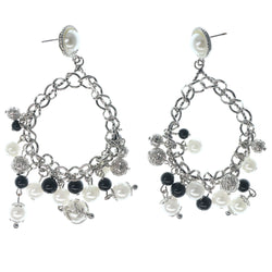 Silver-Tone & White Colored Metal Dangle-Earrings With Bead Accents #1232