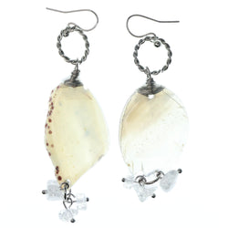 Silver-Tone & White Colored Metal Dangle-Earrings With Stone Accents #1246