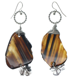 Brown & Silver-Tone Colored Metal Dangle-Earrings With Stone Accents #1249