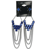 Silver-Tone & Blue Colored Metal Dangle-Earrings With Crystal Accents #1257