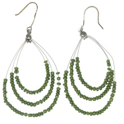 Green & Silver-Tone Colored Metal Dangle-Earrings With Bead Accents #1260