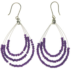 Purple & Silver-Tone Colored Metal Dangle-Earrings With Bead Accents #1262