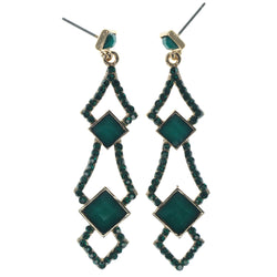 Green & Gold-Tone Colored Metal Dangle-Earrings With Crystal Accents #1268