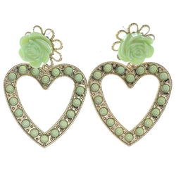 Rose Dangle-Earrings With Bead Accents Gold-Tone & Green Colored #1269