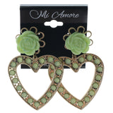 Rose Dangle-Earrings With Bead Accents Gold-Tone & Green Colored #1269