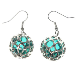 Silver-Tone & Green Colored Metal Dangle-Earrings With Bead Accents #1282