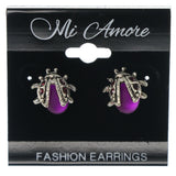 Beetle Stud-Earrings With Crystal Accents Silver-Tone & Purple Colored #1285