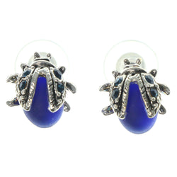 Beetle Stud-Earrings With Crystal Accents Silver-Tone & Blue Colored #1286