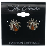 Beetle Stud-Earrings With Crystal Accents Silver-Tone & Brown Colored #1287