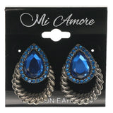 Blue & Silver-Tone Colored Metal Stud-Earrings With Crystal Accents #1300