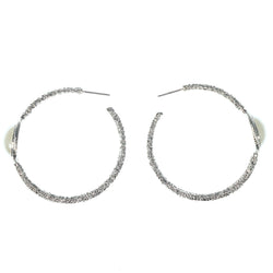 Silver-Tone & White Colored Metal Hoop-Earrings With Bead Accents #1306