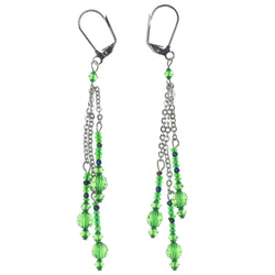 Green & Silver-Tone Colored Metal Dangle-Earrings With Bead Accents #1310