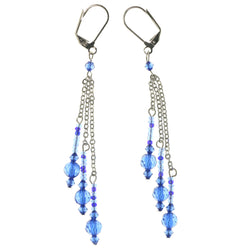 Blue & Silver-Tone Colored Metal Dangle-Earrings With Bead Accents #1311