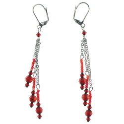 Red & Silver-Tone Colored Metal Dangle-Earrings With Bead Accents #1312