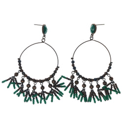 Bronze-Tone & Green Colored Metal Dangle-Earrings With Bead Accents #1325