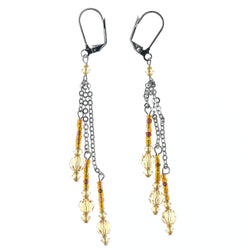 Yellow & Silver-Tone Colored Metal Dangle-Earrings With Bead Accents #1336