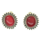 Red & Gold-Tone Colored Metal Stud-Earrings With Crystal Accents #1338