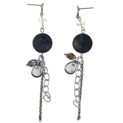 Silver-Tone & Black Colored Metal Dangle-Earrings With Stone Accents #1346