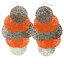 Silver-Tone & Orange Colored Metal Chandelier-Earrings #1351