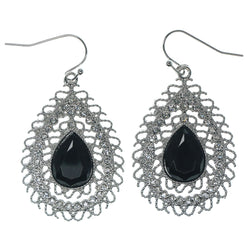 Silver-Tone & Black Colored Metal Dangle-Earrings With Faceted Accents #1362