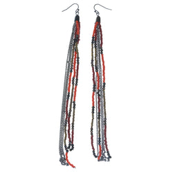 Bronze-Tone & Red Colored Metal Dangle-Earrings With Bead Accents #1365