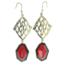 Gold-Tone & Red Colored Metal Dangle-Earrings With Faceted Accents #1367