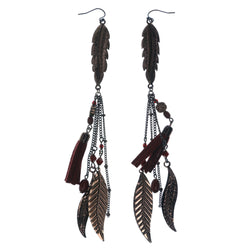Feather Rose Dangle-Earrings With Bead Accents Bronze-Tone & Red Colored #1379