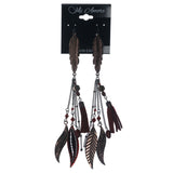 Feather Rose Dangle-Earrings With Bead Accents Bronze-Tone & Red Colored #1379