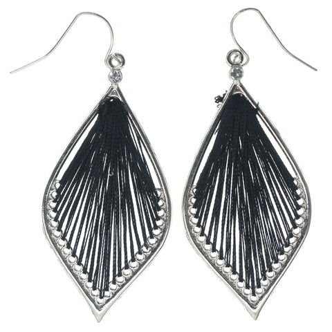 Silver-Tone & Black Colored Fabric Dangle-Earrings With Crystal Accents #1383