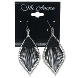 Silver-Tone & Black Colored Fabric Dangle-Earrings With Crystal Accents #1383