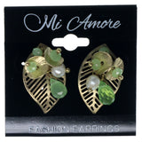 Leaf Stud-Earrings With Bead Accents Gold-Tone & Green Colored #1386