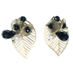 Leaf Stud-Earrings With Bead Accents Gold-Tone & Black Colored #1387