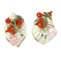Leaf Stud-Earrings With Bead Accents Gold-Tone & Orange Colored #1388